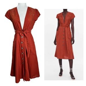 Zara Terracotta Embroidered Button Front Midi Dress Size Small
